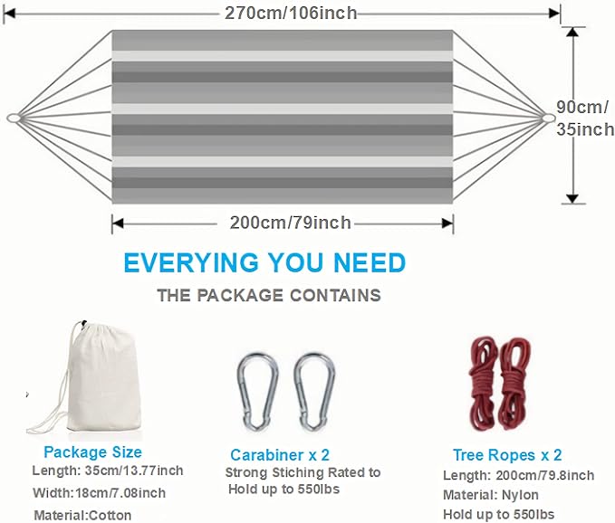 White Hammock Swing Bed,Single Person Cotton Fabric Canvas Travel Hammocks 500lbs Ultralight Camping Hammock Portable Beach Swing Bed with Carrying Bag for Outdoors and Indoors