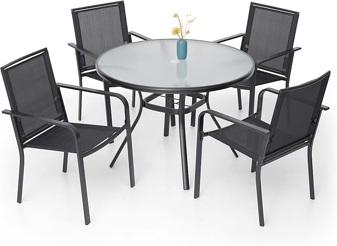 Anmutig 5-Piece Outdoor Patio Dining Set, 40 Inch Round Glass Table with 4 Stackable Chairs, Black