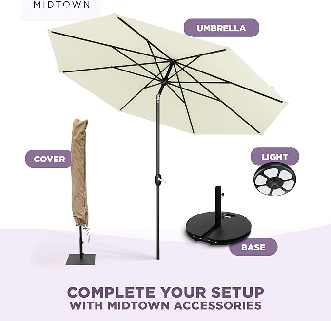 Midtown Umbrellas – The Lean 8 Ft Patio Umbrella with 10-Year-No-Fade Acrylast Acrylic Fabric, Auto-Tilt and 8 Reinforced Ribs for Deck, Pool, Garden, Hotel & Cafes – Canvas Cream Canopy, Black Pole