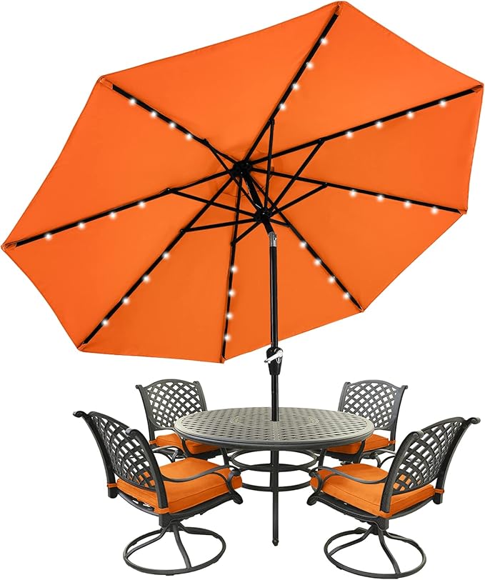 MASTERCANOPY 9FT 8Ribs Patio Umbrella with 32 Solar LED Lights, Outdoor Market Umbrella with Tilt & Crank, UV Protection & Fade Resistant Fabric, Easy Set-Up for Garden, Deck, Pool (Orange)
