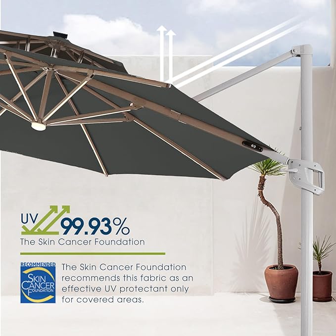 wikiwiki 12FT 2 Tiers Cantilever Patio Umbrella with Solar Lights, Offset Umbrella Outdoor Patio with 360 Rotation and Unlimited Tilting System, Heavy Duty Umbrella with Cross Base, Grey