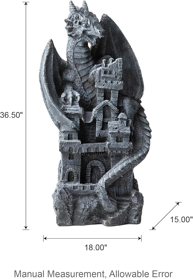 Glitzhome 37"H 4 Tiers Resin Waterfalls Water Fountain, Mystical Gothic Dragon Perched Atop The Castle Sculptural with Pump & LED Light Indoor Outdoor Floor Fountain for Garden Patio Backyard Decking