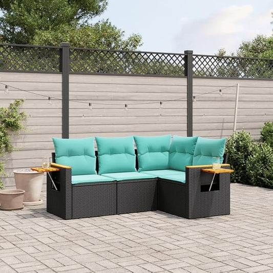 4 Piece Patio Sofa Set with Cushions, Porch Furniture Set Outdoor Dining Sets Patio Conversation Set Outdoor Sofa Sets for Exhibition Negotiation Area Poolside Garden Black Poly Rattan