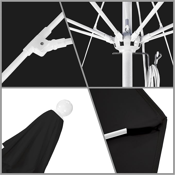 California Umbrella 9' Round Aluminum/Fiberglass Umbrella, Push Open, White Pole, Olefin Black Fabric