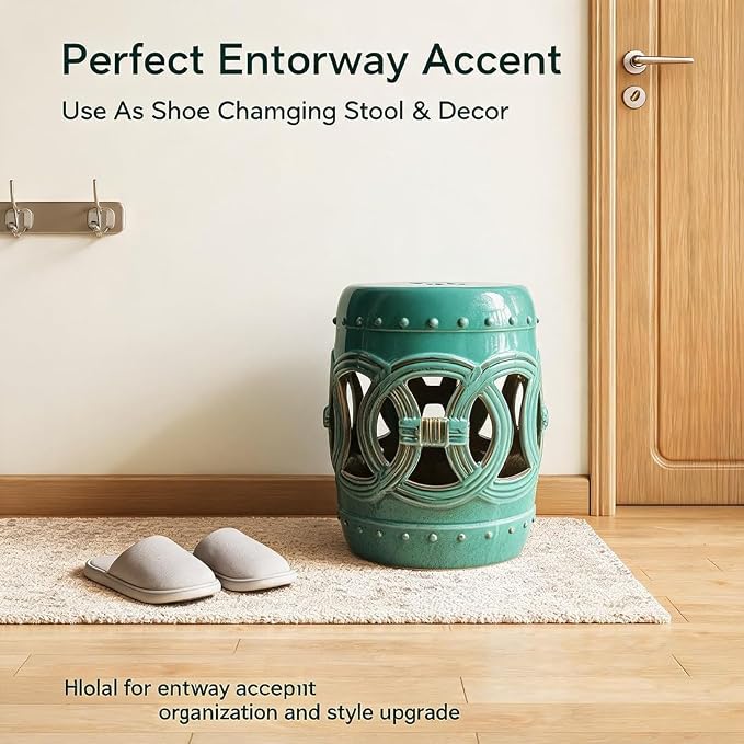 Decorative Ceramic Garden Stool, Hand-Crafted Outdoor Side Table, Shoe Changing Drum Stool for Patio, Living Room Accent Furniture(Green)