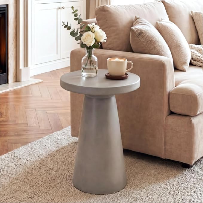 HOMPUS Outdoor Side Table Large, Concrete Side Table Faux Stone Cone Shaped, Patio Round Accent Table, Lightweight MgO Tall Coffee Table Garden Tool for Home Decor, Porch and Deck, Grey