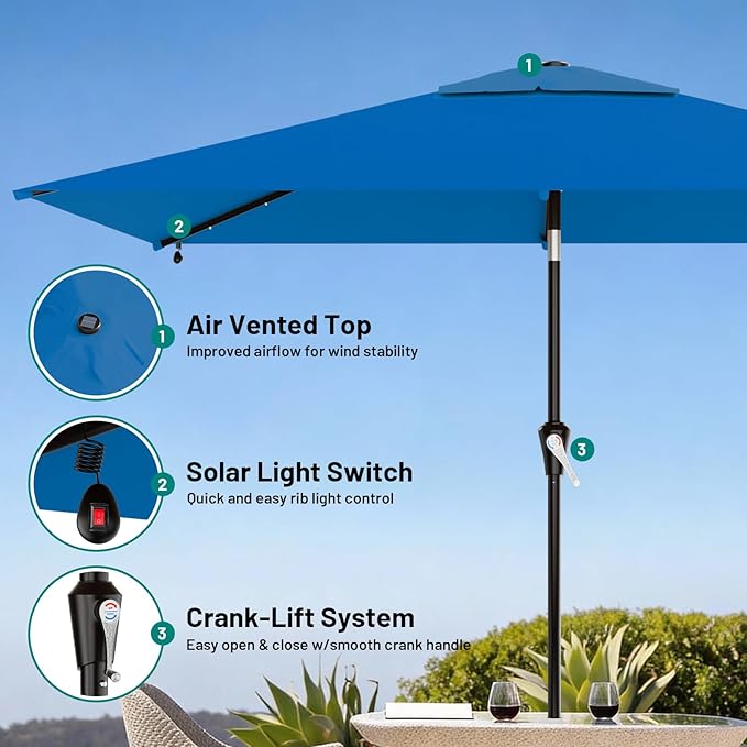 AreShark 6.5' x 10' Rectangular Patio Umbrella with Solar Lights, Solar Powered Lighted Market Umbrella w/Tilt and Crank, Outdoor Table Umbrella for Garden, Deck, Backyard, Pool and Beach, Royal Blue