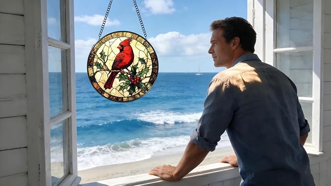 Stained Glass Window Hanging Ornament, The Red Bird Stopped on The Branch 6.3 Inches Suncatcher for Window Home Decor Bithday Christmas Monther's Day Gifts for Women Men and Mom