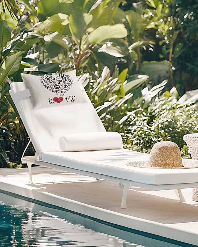 Outdoor Pillows Covers with Inserts Rose Love Dog's Paws Shape Heart Waterproof Recliner Pillow with Adjustable Strap Throw Pillows for Patio Furniture Pool Lounge Chair, 12x20 inch, 2PCS