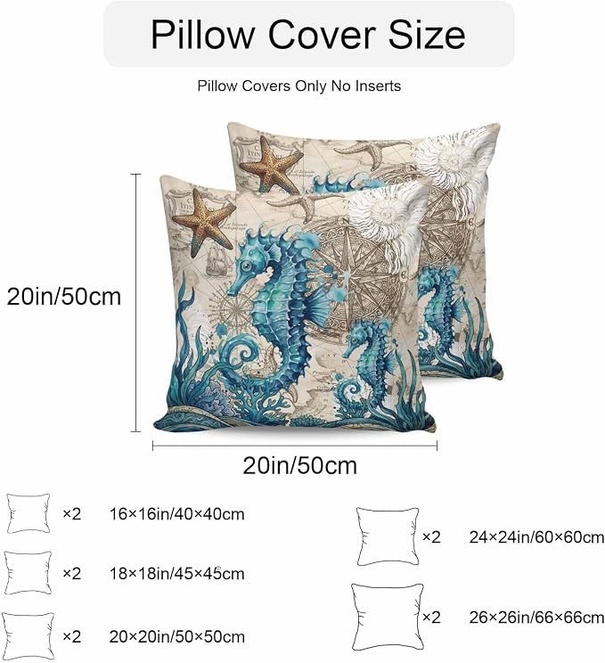 Nautical Coastal Outdoor Pillow Covers 24x24 Inch Throw Pillow Covers Set of 2 Waterproof Decorative Pillow Cases Retro Marine Life Seahorse Compass Map Beige Cushion Covers for Patio Furniture Garden