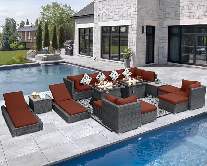 NICESOUL 18 Piece Outdoor Patio Furniture Set with Fire Pit and Chaise Lounge, Luxurious Modular Wicker Woven Patio Sets Couch and Loungers, 14-Seats Outdoor Seating Sectional Sturdy, Grey&Burgundy