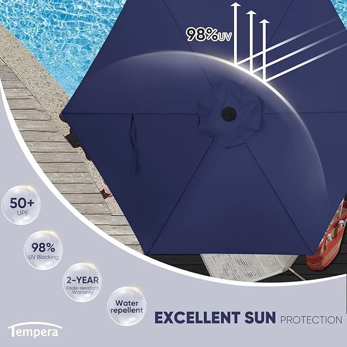 Tempera Patio Market Outdoor Table Umbrella with Push Button Tilt and Crank, Large Sun Umbrella with Sturdy Pole & Fade Resistant Canopy, Easy to Set