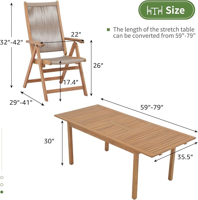 OC Orange-Casual 7 Pieces Patio Dining Set Outdoor Furniture with 6 Foldable Acacia Wooden and Rope Chairs and Large Table for Outdoor,Yard, Garden, Porch，Beige