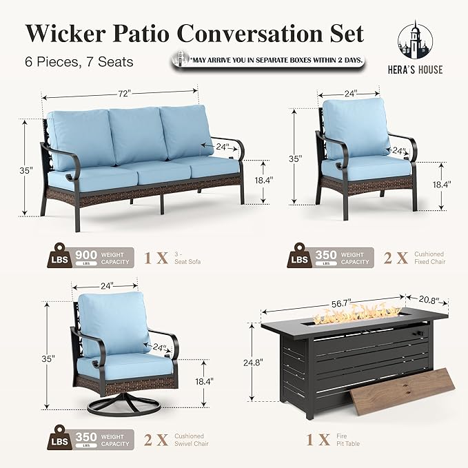 HERA'S HOUSE 6 Piece Metal Patio Furniture Set with 56" Fire Pit Table, All Weather Outdoor Conversation Set, 3 Seat Sofa, 2 Swivel Chairs, 2 Fixed Chairs, Seats 7 for Backyard, Garden, Deck, Blue