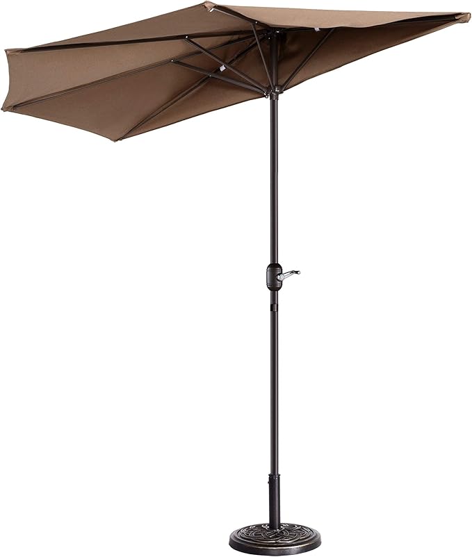 Half Patio Umbrella - 9ft Outdoor Patio Canopy with Easy Hand Crank - Condo, Townhouse, or Balcony Furniture by Villacera (Brown)