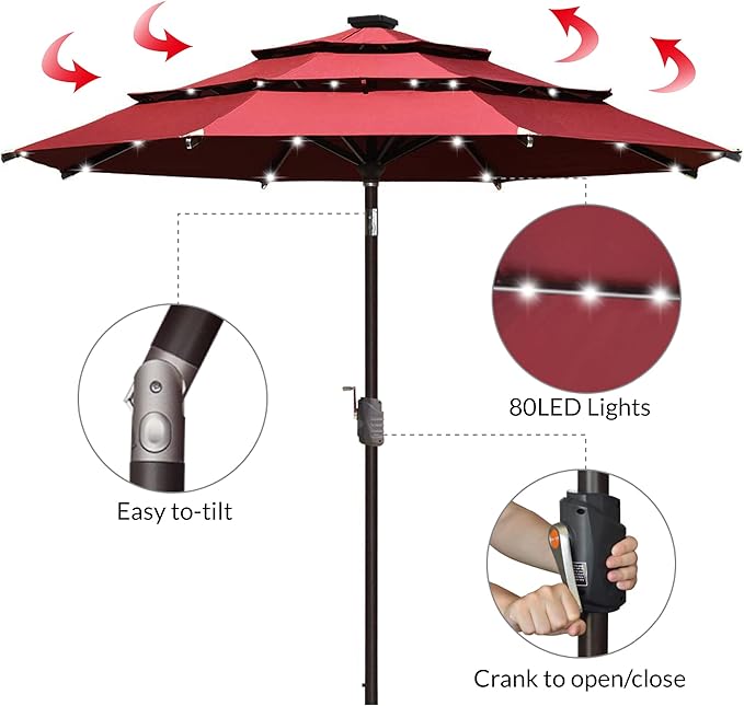 EliteShade USA 10-Year-Non-Fading 9ft 3-Tier Market Patio Umbrella, Commercial Table Umbrella with 80 Solar LED Lights, Crank Open, Windproof & UPF 50+ UV Protection for Garden, Deck, Pool, Backyard, Burgundy