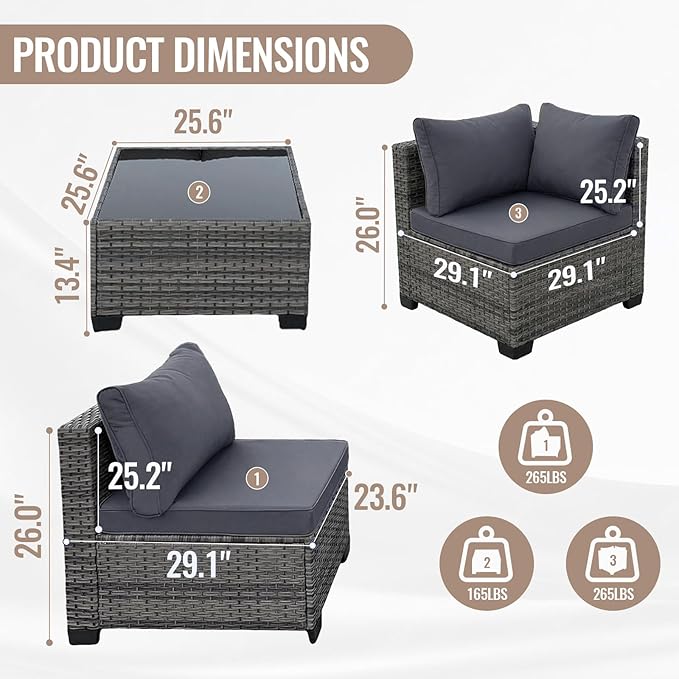 7 Pieces Outdoor Wicker Rattan Patio Furniture Sectional Set, Patio Conversation Set with Cushions & Coffee Table, All Weather PE Rattan Patio Sofa with Tea Table for Backyard Porch Garden (Grey)