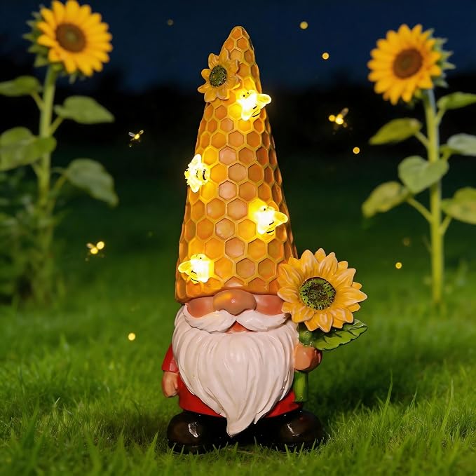 12.3''Garden Sunflower Gnomes Outdoor Statues Clearance for Garden Decor with Solar Bee Lights,Summer Decorations Gnomes Outside Decor - Gifts for Mom Woman,Yard Art Ornament for Patio Lawn