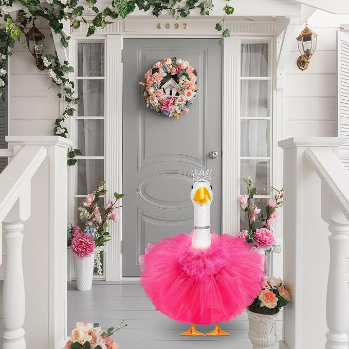 4 Pcs Princess Porch Goose Outfit for 23" 17" Cement Lawn Goose Costume Crown Necklace Tutu Skirt Feather Trim(Rose Red)