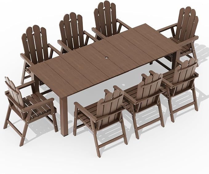 9-Piece Patio Dining Set, Outdoor Dining Set for 8, Large HDPE All-Weather Outdoor Furniture with 89.57” Umbrella Hole Table, 8 Armchairs, Brown