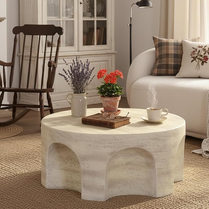 Round Marble Coffee Table 31.5" Faux Stone Coffee Table for Living Room, Modern Travertine Center Table, Magnesium Oxide, No Assembly, Beige