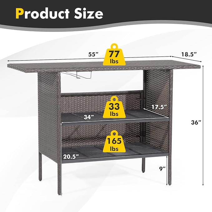 S AFSTAR Patio Rattan Bar Table, Outdoor Rattan Wicker Bar Counter Table with 2-Tier Metal Shelf & Steel Stemware Rack, Heavy-Duty Steel Frame, Waterproof Brown Rattan Table for Poolside, Backyard