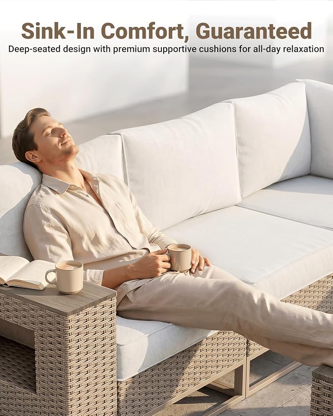 Outdoor Patio Furniture Set 12-Piece PE Rattan Wicker Outdoor Sectional Sofa with Thickened Cushions and Chunky Arms, Modern Modular L-Shaped Conversation Set for Garden, Backyard, White