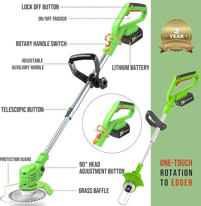Cordless Weed Wacker, 21V Battery Powered Weed Eater with 2 Battery and Charger, Electric Grass Trimmer with 5 Types 26Pcs Blade, 3 in 1 Stringless Weed Trimmer Brush Cutter Edger for Lawn Garden