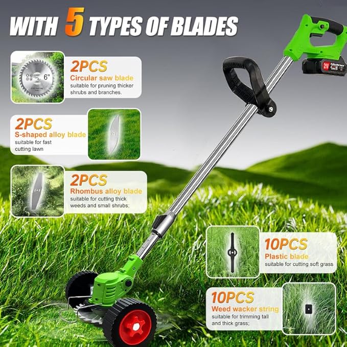 Cordless Weed Wacker Eater Battery Powered, Portable Grass Trimmer/Lawn Edger/Mower/Brush Cutter with 2 Li-Ion Battery for Lawn Garden Pruning/Trimming