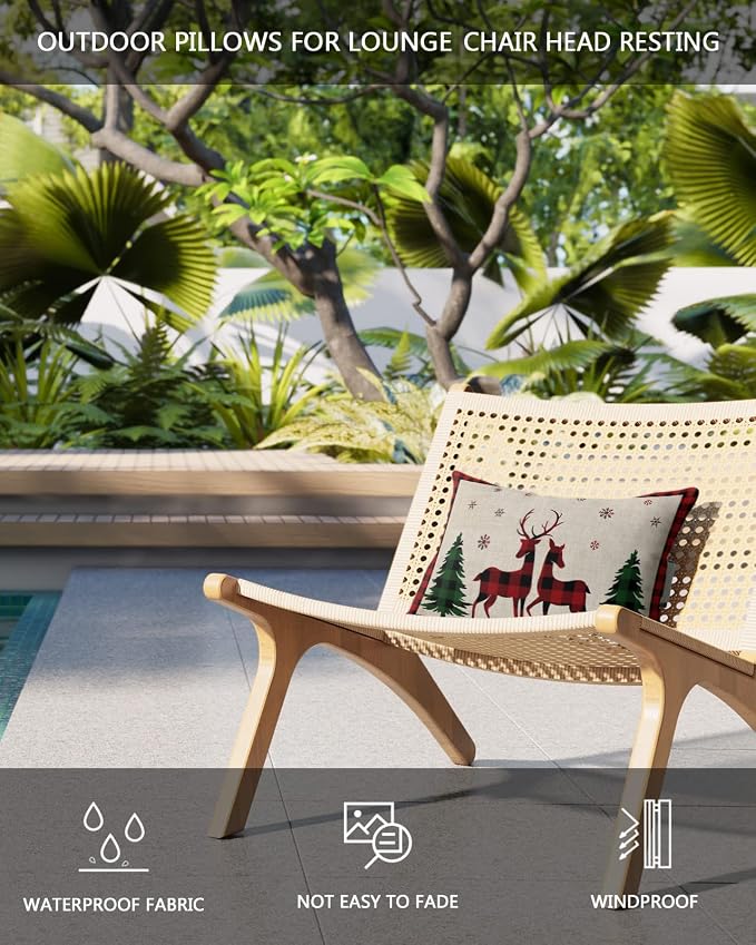 Outdoor Pillows Covers with Inserts Christmas Red and Black Buffalo Plaid Waterproof Recliner Pillow with Adjustable Strap Throw Pillows for Patio Furniture Pool Lounge Chair, 11x16 inch, 1PCS