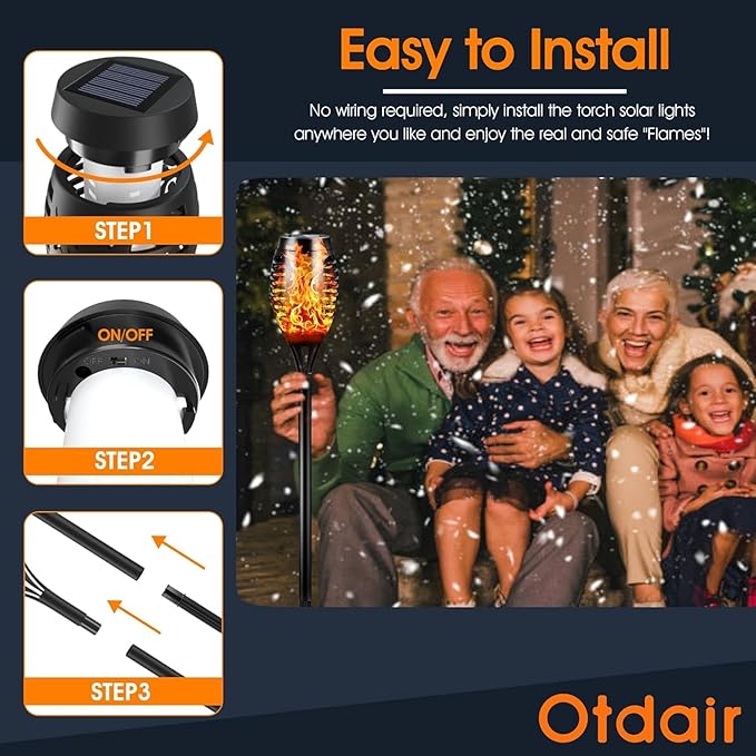 Otdair Solar Lights Outdoor Waterproof, 12LED Tiki Torches for Outside with Flickering Flame, Solar Torch Light for Garden, Patio, Yard, Pathway, 6 Pack