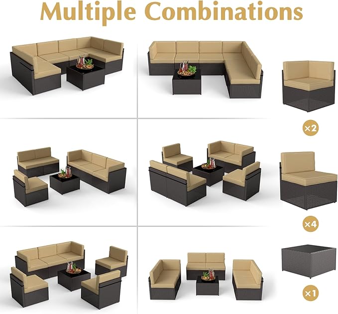 7-Piece Outdoor Patio Furniture Set, Patio Conversation Set, Patio Sectional Sofa Set with Coffee Table & Cushion for Backyard, Balcony, Garden, No-Slip, PE Wicker, Khaki/Brown