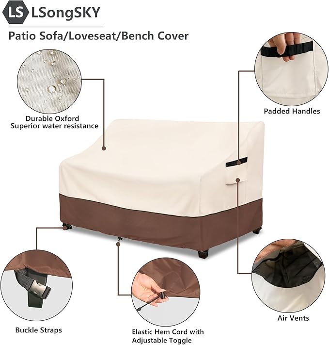 Patio 3-Seater Sofa Cover,Outdoor Couch Cover Fits up to 79W x 37D x 35H Inches,100% Waterproof Heavy Duty Patio Furniture Covers,Beige&Brown