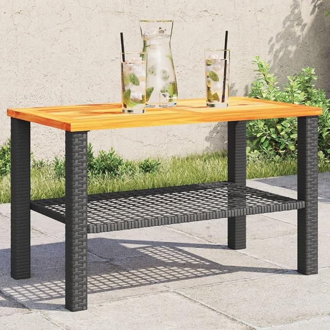 Black Poly Rattan Small Garden Table with Acacia Wood Top, 27.6"x15"x16.5" Patio Side Table for Outdoor Use