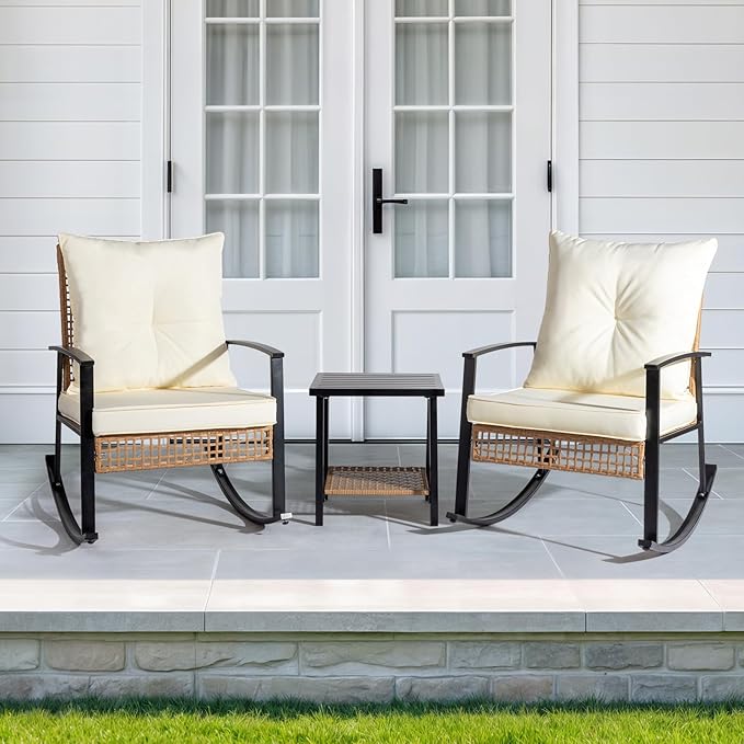3 Pieces Patio Furniture Set, Outdoor Wicker Rocking Chairs with Cushions, Coffee Table, Rattan Bistro Rocker Set for Front Porch, Relaxing & Dining Conversation Set Light Yellow Rattan, White Cushion