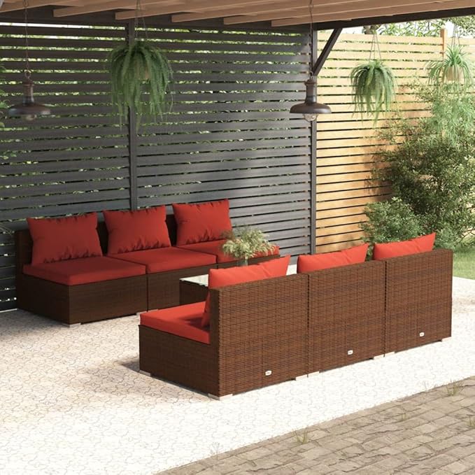 7 Piece Patio Lounge Set with Cushions, Front Porch Furniture Porch Furniture Set Patio Conversation Set Sectional Sofa for Negotiation Area Exhibition Garden Poolside Poly Rattan Brown