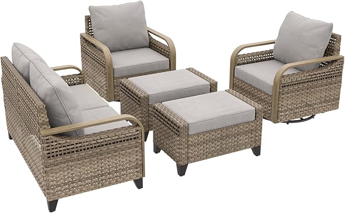 COOS BAY Modern Wicker Outdoor Furniture Set, 5 Piece Patio Conversation Set with 2 Swivel Rockers, a 3 Seat Couch and 2 Ottomans, 5 Piece, Brown/Gray