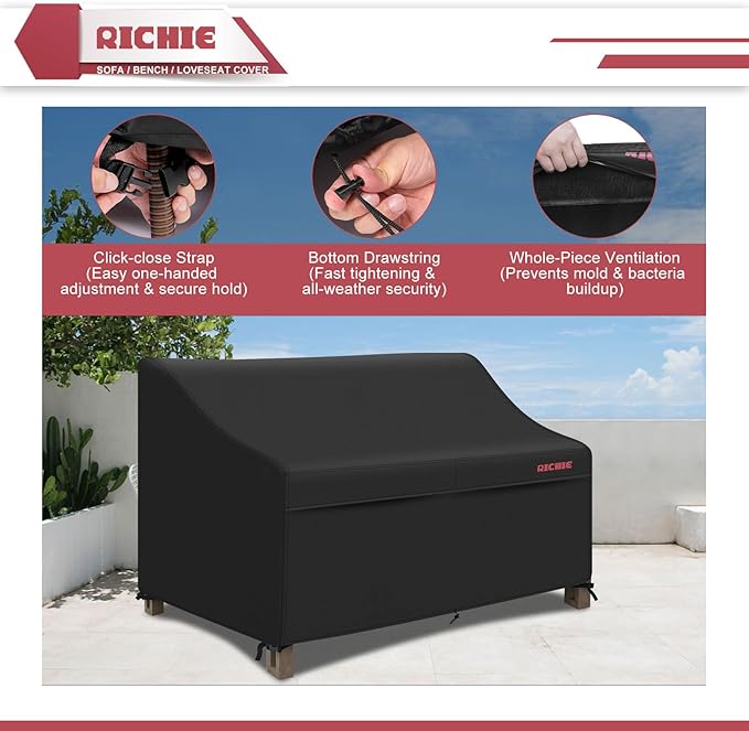 RICHIE Waterproof Patio Sofa Cover 3-Seater - Outdoor Furniture Covers for Loveseat/Couch with Air Vents & Handles, 90"W*42"D*31"H, Black