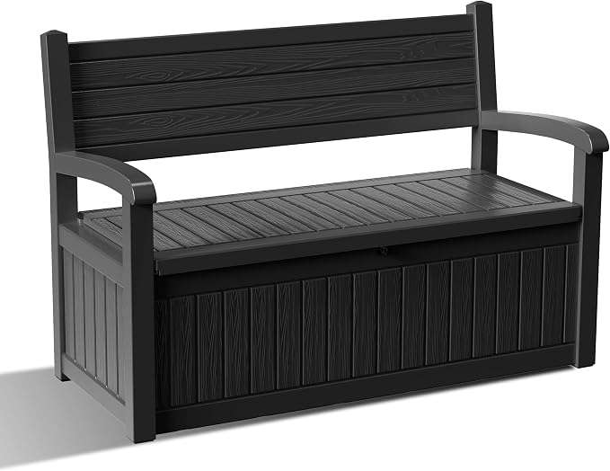 EasyUp 80 Gallon Outdoor Storage Bench Lockable Deck Box Outdoor Storage Box Waterproof for Patio,Garden,and Porch – Perfect for Storing Garden Tools and Cushions(Black Srtipe)