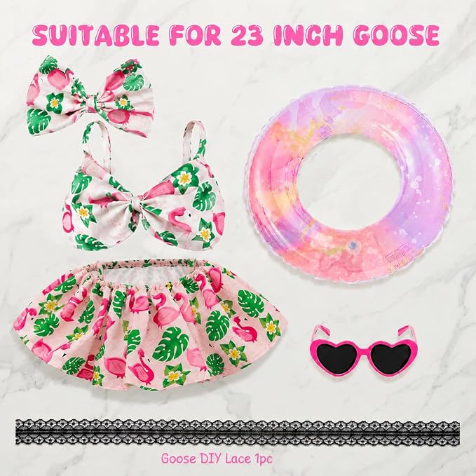 Flamingo Tropical Lawn Goose Outfit Set, Floral Bikini Costume with Gradient Glitter Swim Ring Heart Sunglasses Bow Headband, 23 Inch Porch Goose costume, Summer Outdoor Garden Yard Decor