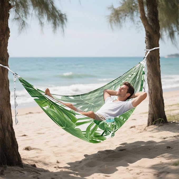 Qilmy Green Leaf Camping Hammock Single – 330 lbs Capacity, Lightweight with Tree Straps & Carabiners, Portable for Hiking, Travel, Backpacking