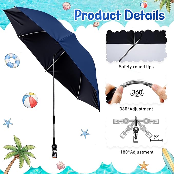 Sadnyy 6 Pcs Beach Chair Umbrella with Universal Clamp, 360 ° Adjustable Clip on Umbrellas 42" UPF 50+ Portable Sun Shade for Beach Chair Patio Camping Wheelchair Stroller Golf Cart