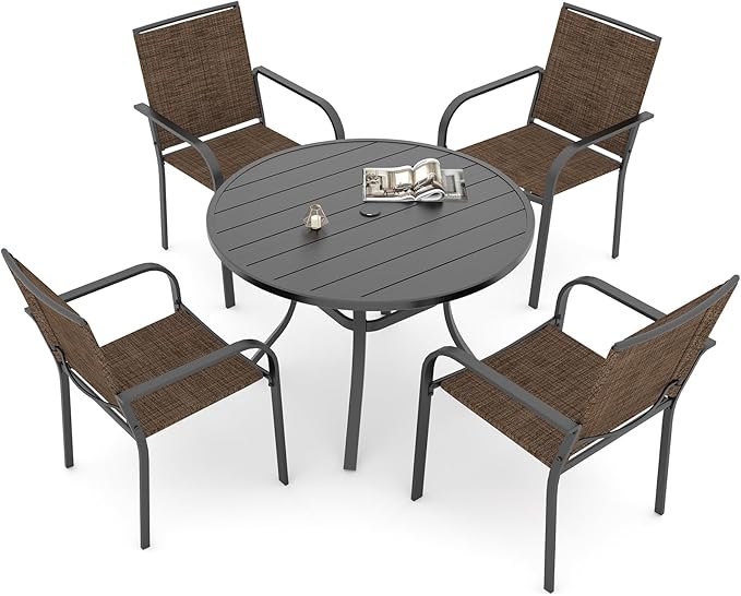 Anmutig Outdoor Patio Chairs and Round Table Set with 41 inch Metal Table, 4 Stackable Brown Outdoor Dining Chairs - 5 Piece
