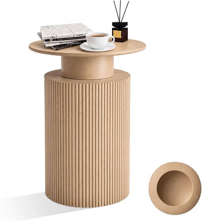 24" Fluted End Table Reversible, Hidden Storage, Natural Oak | Mid Century Modern Nightstand, Bedside Table, Cylinder Side Table, Pre-Threaded MDF, for Bedroom Living Room Office