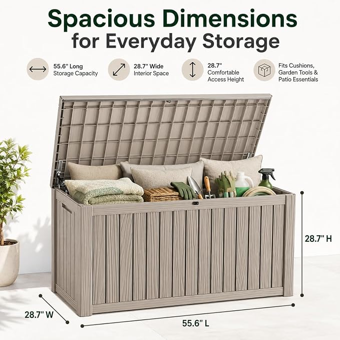 Outdoor Deck Patio Storage Box - 200 Gallon Large Outdoor Deck Box, Plastic Storage Bin with Lid, Outside Toy Box & Pool Storage Container for Cushions, Garden Tools, Towel, Brown