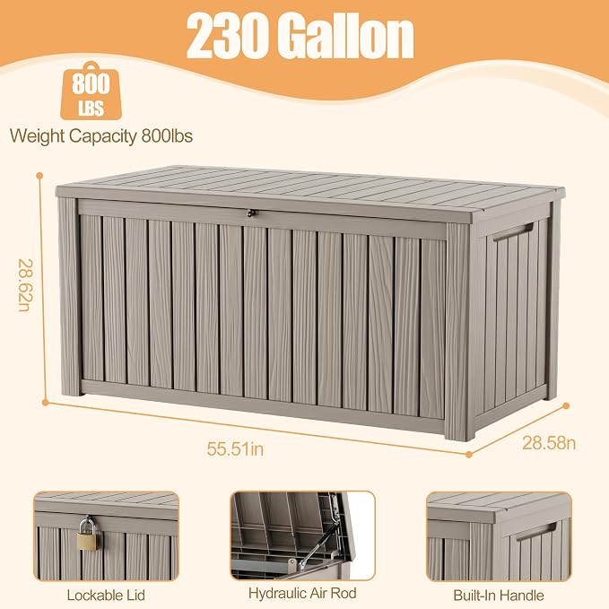 230 Gallon Outdoor Storage Box, Large Resin Deck Box, Waterproof Lockable Storage Container Bins, Reinforced Stability for Patio, Garden and Poolside, Grey