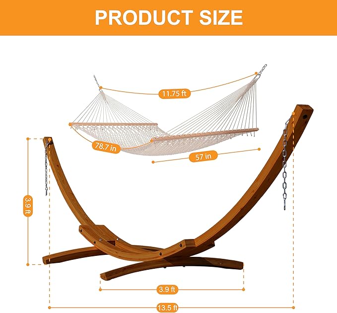 Lazy Daze Hammocks 12 FT Double Rope Hammock and 13 FT Brown Wooden Arc Stand, 2 Person Hand Woven Cotton Hammock with Spreader Bar for Outdoor Patio Poolside, 450 lbs Capacity, Natural