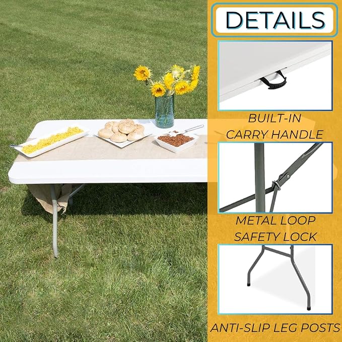 Ezone 8ft Indoor Outdoor Heavy Duty Portable Folding Plastic Dining Table w/Handle, Lock for Picnic, Party, Camping - White (8 Ft)