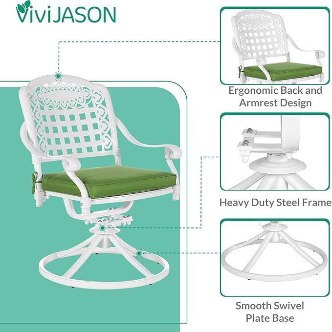 VIVIJASON 7-Piece Outdoor Furniture Dining Set, All-Weather Cast Aluminum Patio Conversation Set, Include 6 Swivel Dining Chairs and a Rectangle Table with Umbrella Hole, White/Green Cushion