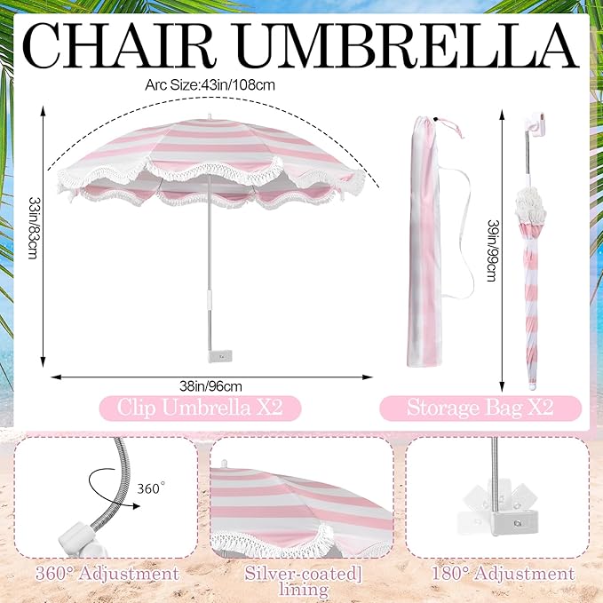 Abbylike 2 Pcs Scalloped Chair Umbrella with Universal Adjustable Clamp 38'' Portable Wheelchair Umbrella UPF 50+ Camping Chair Parasol with Bag for Outdoor Patio Lawn